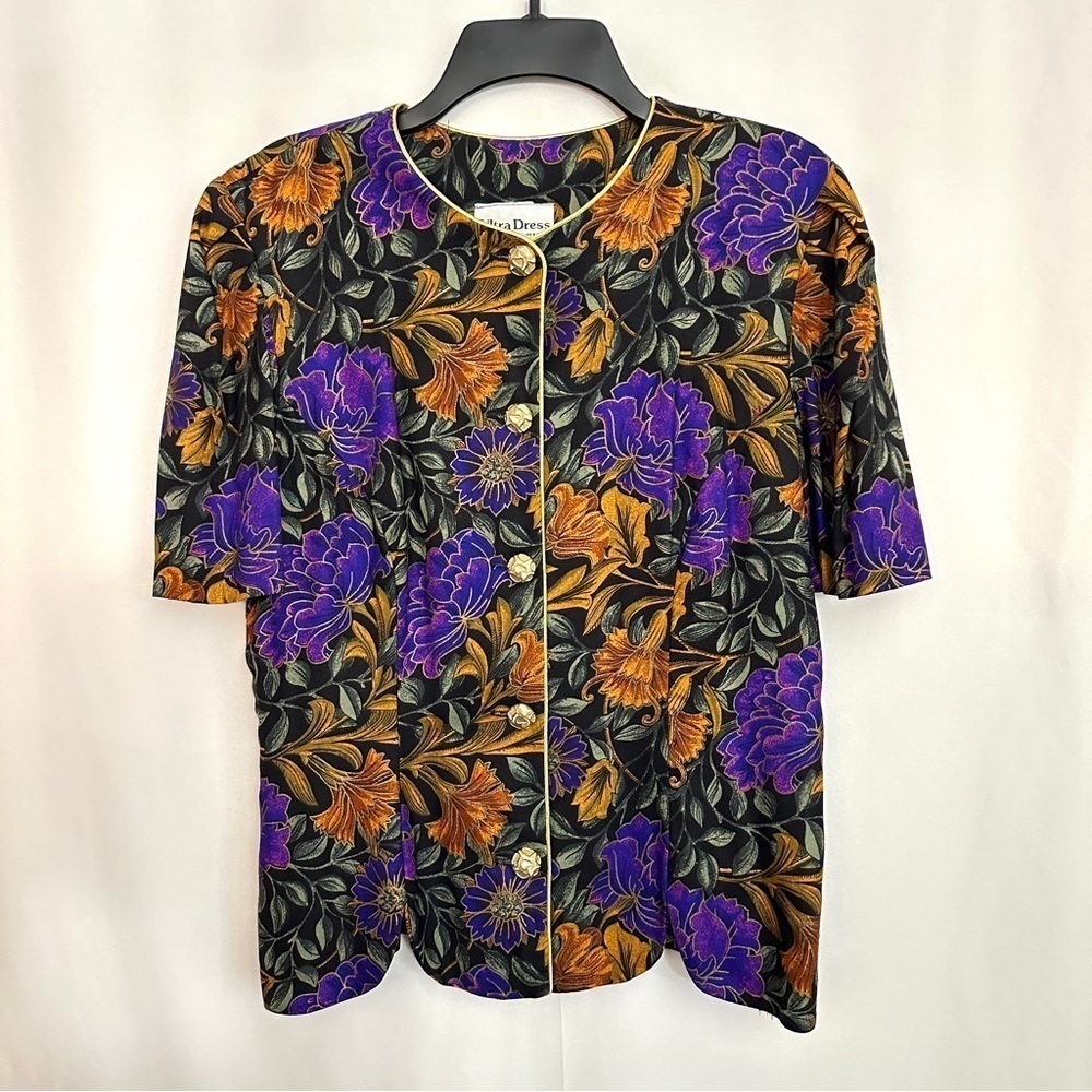 90s Vintage Ultra Dress Women's Floral Blouse Top in Black Purple Orange sz 8